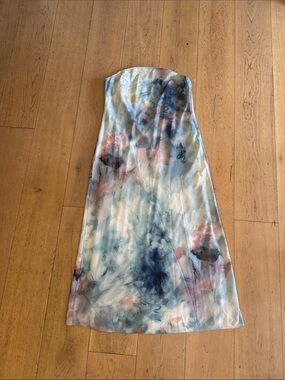 Anthropologie Strapless silk Watercolor Floral Midi Dress in Blue and Pink